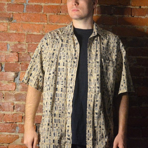 Funky Black and Tan Geometric Pattern Shirt - Picture 1 of 4